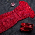 รหัส กี่เพ้าลูกไม้สีแดงน้ำเงินรหัส D148