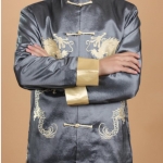 เสื้อจีนผ้า ไหมจีนลายมังกรสีเทา รหัส DA68 สินค้าพร้อมส่ง