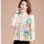 เสื้อจีนผู้หญิงสีครีมลายดอกบัว S166