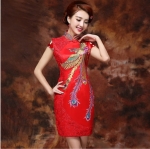 เดรสสั้น สีแดง ผ้าโพลีเอสเตอร์ เนื้อดี รหัส PE 138 พร้อมส่ง