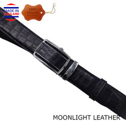 เข็มขัดหนังแท้ สีดำ แบรนด์ Moonlight แบบ Auto Locking กว้าง 3.5 ซม. ทำจากหนังวัวแท้ อัดลายหนังจระเข้ มีไซส์ยาว ไม่ลอก