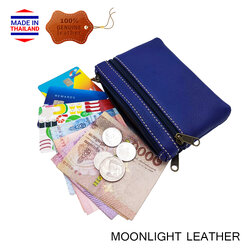 กระเป๋าใส่เหรียญหนังแท้ MOONLIGHT รุ่น Purin สีน้ำเงิน หนังวัว เงาหรู ไม่ลอก มี 3 ช่อง ซิป YKK ใส่แบงค์ ใส่บัตรได้ มีกล่อง
