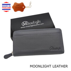รับทรัพย์รับโชคกับกระเป๋าสตางค์ตามตำรา รวย ใบยาว ซิปรอบ หนังแท้นุ่มมาก ไม่ลอกร่อน สีเทา พร้อมกล่องแบรนด์ MOONLIGHT