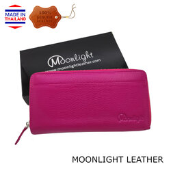 รับทรัพย์รับโชคกับกระเป๋าสตางค์ตามตำรา รวย ใบยาว ซิปรอบ หนังแท้นุ่มมาก ไม่ลอกร่อน สีชมพู บานเย็น พร้อมกล่องแบรนด์ MOONLIGHT