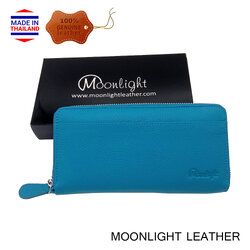 รับทรัพย์รับโชคกับกระเป๋าสตางค์ตามตำรา เฮง รวย ใบยาว ซิปรอบ หนังแท้นุ่มมาก ไม่ลอกร่อน สีฟ้า พร้อมกล่องแบรนด์ MOONLIGHT