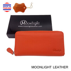 รับทรัพย์รับโชคกับกระเป๋าสตางค์ตามตำรา รวย เฮง ใบยาว ซิปรอบ หนังแท้นุ่มมาก ไม่ลอกร่อน สีส้ม พร้อมกล่องแบรนด์ MOONLIGHT
