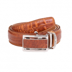 เข็มขัดหนังแท้ สำหรับผู้ชาย แบบ Auto Locking ลายหนังจระเข้ สีแทน รุ่น Croco