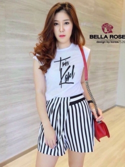 TW7526-Set 2 ชิ้น เสื้อแขนกุดสกรีนตัวหนังสือ+กางเกงริ้วเย็บป้าย