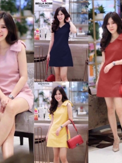 Dress ชุดเดรสแขนกุด แต่งโบว์ไหล่ 2 ข้าง ผ้าซาร่าสีพื้น