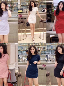 Dress ชุดเดรสคอกลม แขนสั้นสีพื้น เว้าเอว