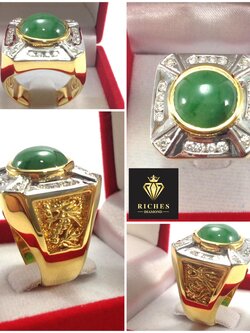 แหวนมังกรทองคำแท้ ประดับหยกพม่าแท้ 6.0 กะรัต ล้อมเพชรเบลเยี่ยมแท้น้ำหนักรวม 0.60 cts