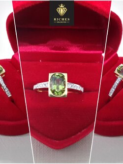 แหวนทองคำแท้ประดับพลอยกรีนเพริดอตแท้สีเขียวใส (Green Peridot) 1 กะรัต ฝังเพชรเบลเยี่ยมแท้ 0.14 cts