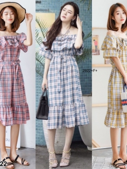 TW2922-เดรสปาดไหล่ผ้าทอสก็อต