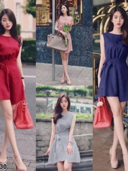 เดรสแขนแขนกุด งานผ้าซาร่า ดีเทลแต่งป้ายผูกโบว์ช่วงกระโปรงด้านหน้า