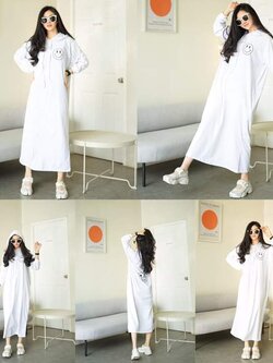 เดรสยาวทรง oversized แขนยาว มีหมวก สกรีน smile หน้าหลัง