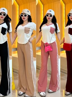 New collection💫Set 2 ชิ้น เสื้อ+กางเกงขาม้าติดแถบ3เส้น งานจริงสวยมาก❤️ เสื้อคอวีเอวเว้า แต่งกระเป๋า #ผ้าร่องอย่างดี เสื้อ32-38 เอว26-34 สพ44 กางเกงยาว39