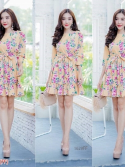 เดรสสั้นสีเหลือง ลายดอก