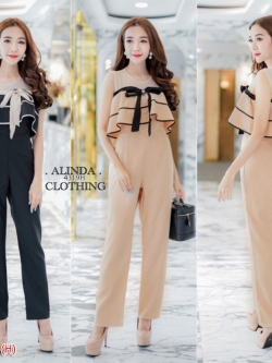 จั้มสูทขายาวงานผ้าซาร่าอย่างดี ปักดอกไม้เพชรตรงหน้าอก เย็บผ้าเงาผูกโบว์ (ผูกเอง)