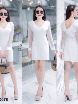 Dress เดรสสั้นคอวี ดีไซน์เสื้อเก๋ๆ มีโบว์ใหญ่ที่ไหล่ทั้งสองข้าง แขนแต่งผ้าแก้วซีทรูพอง