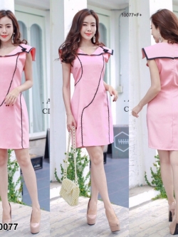 Dress เดรสทรงสวยคอปก ปักเพชรตรงคอ แต่งริบบิ้นหยักเก๋ๆ