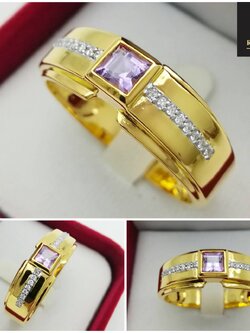 แหวนทองคำประดับพลอยอะเมทิสต์ล้อมเพชรแท้