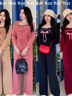 New Collection ชุดเซต3ชิ้น สายเดี๋ยว+เสื้อคลุม กางเกงขายาว ผ้าร่องยืดเยอะ ใส่สบายสุดๆ✨ อก32-38 เอว24-34 สพ44 กางเกงยาว39