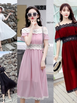 TW5801-เดรสชีฟอง สายเดี่ยว2เส้น แต่งลูกไม้