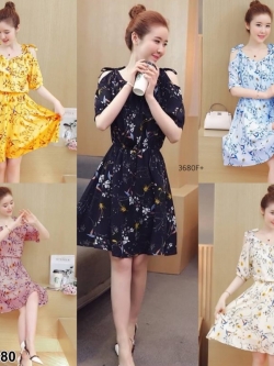 TW3680-มินิเดรสลายดอกไม้แขนบอลลูนผูกเชือกไหล่