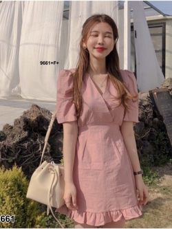 Dress ชุดเดรสสั้นคอวีไขว้แขนสั้นโทนสีพื้นน่ารักผ้านิลิน