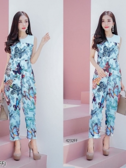 จั้มสูทขายาว เเขนกุดซีทรู ลายผีเสื้อ