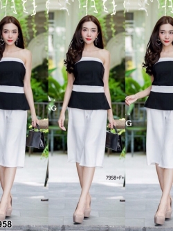 TW7958 Set 2 ชิ้น เสื้อเกาะอกทูโทน+กางเกง 5 ส่วน