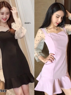 Dress เดรสคอเหลี่ยม แต่งระบาย แขนลายจุดซีทรูผ้าชีฟอง