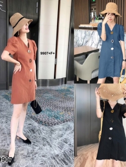 Dress แขนสั้นสีพื้น ผ้าคอมพ์ไหล่แต่งจีบ แต่งกระดุมหลอกด้านหน้า โทนสีพื้นใส่สบาย