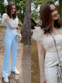 ชุดเซตเสื้อกึ่งเกาะอกเเต่งพู+กางเกงขายาว