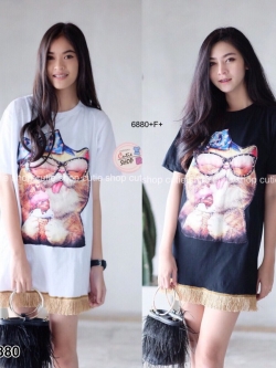 TW6880-เดรสลายเเมว เเต่งพู่ทอง