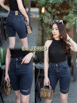 กางเกงยีนส์ 3 ส่วน สีดำ ปาดข้าง-BB19