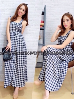 TW7306-เเม็กซี่เดรสสายเดี่ยวลายสก๊อต