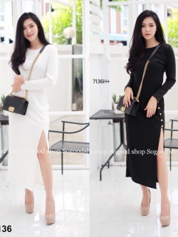 TW7136-เดรสแต่งกระดุมทองแขนยาว (ไซส์เล็ก)