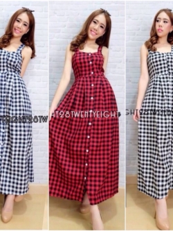 TW7306-แม็กซี่เดรสสายเดี่ยวลายสก๊อต