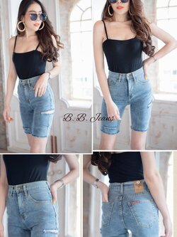 กางเกงยีนส์ 3 ส่วน สีดำ ปาดข้าง-BB15