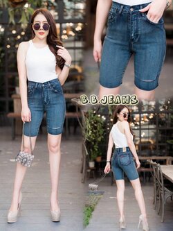 กางเกงยีนส์ 3 ส่วน สีดำ ปาดข้าง-BB09