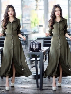 เดรสยาวผ่าหน้า ติดกระดุมหน้ายาวผูกเอว