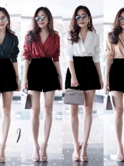 TW7157-Set เสื้อแขนยาวคอวีไขว้+กางเกงเอวสูงขาสั้น