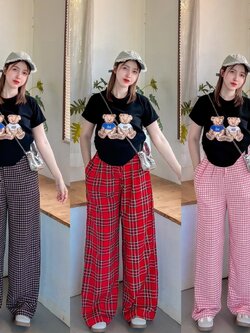 เซตเสื้อเอวย่น น้องหมี กางเกงขายาวผ้าไหมอิตาลี่ อก32-38 (เอว24-34 สพ44 กางเกงยาว40