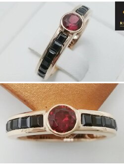 แหวนทองคำแท้ประดับโกเมนและนิลดำแท้