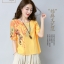 เสื้อผ้าฝ้าย แบบสวมหัว สีเหลืองลายสกรีน รหัส HM 28สินค้าพร้อมส่ง